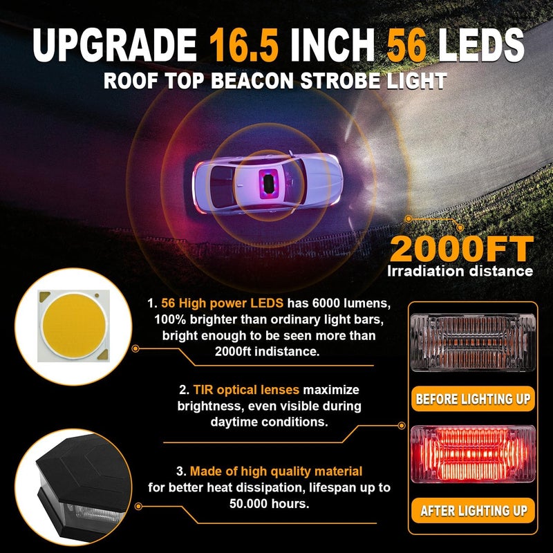 ASPL 16.5 Inch Roof Top Beacon Emergency Strobe Light 56 LED Magnetic Warning Caution lights bar Traffic Hazard Plow Light for Trucks Vehicles Construction Snowplow (Red/Blue) - Image 2